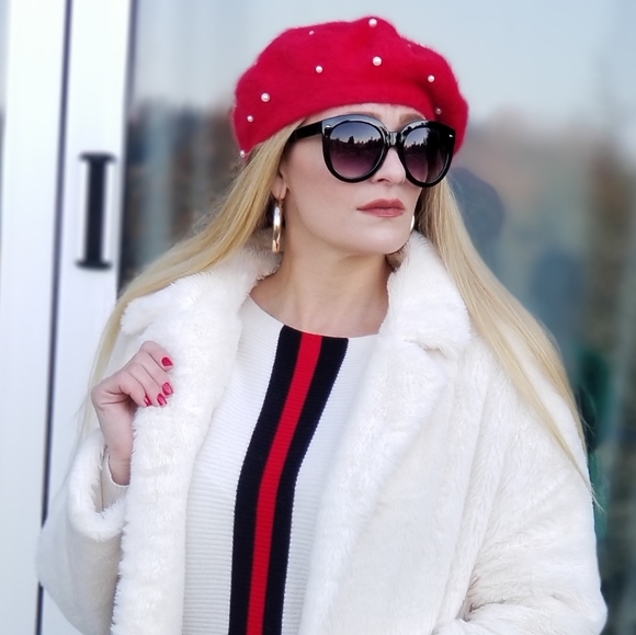 MODA ME COUTURE Accessories - Red Womens soft Pearl detailed Fuzzy Hat fall winter gift
